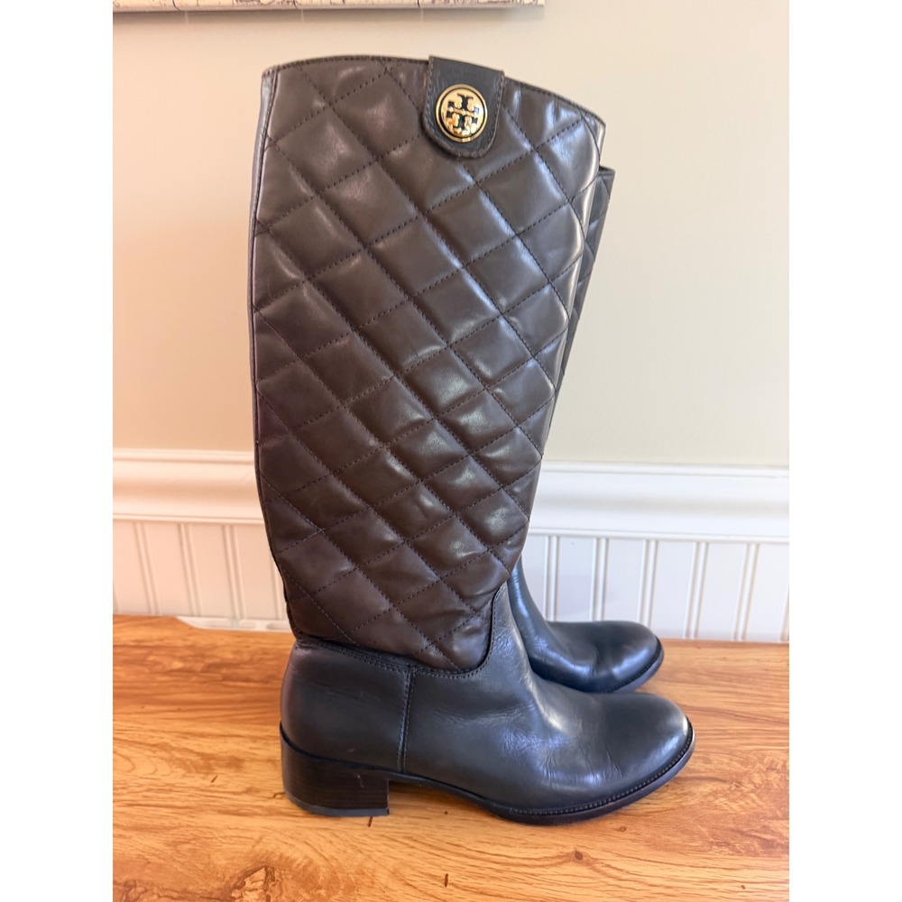Tory Burch Kiernan Quilted Leather Riding Boots Brown Logo 8.5M